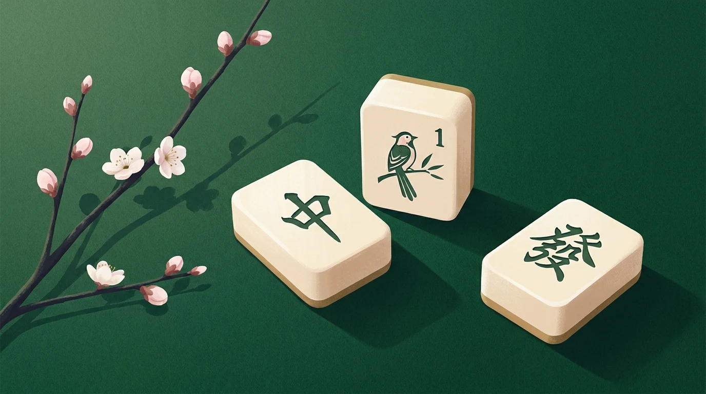 Illustration: a red dragon tile, a one-bamboo bird tile, and a green dragon tile beside a plum blossom branch.