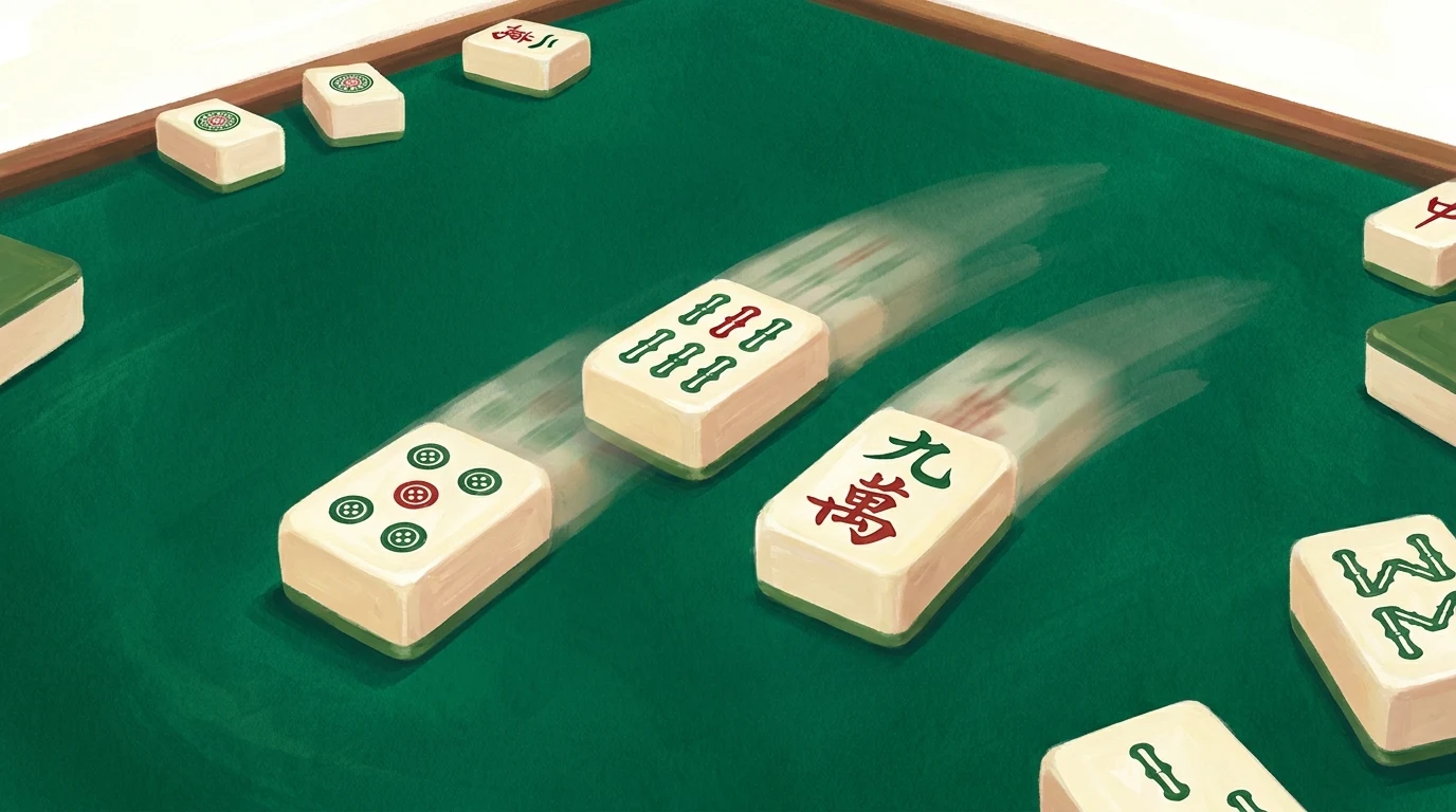 Illustration: mahjong tiles sliding across a green felt table mid-pass.