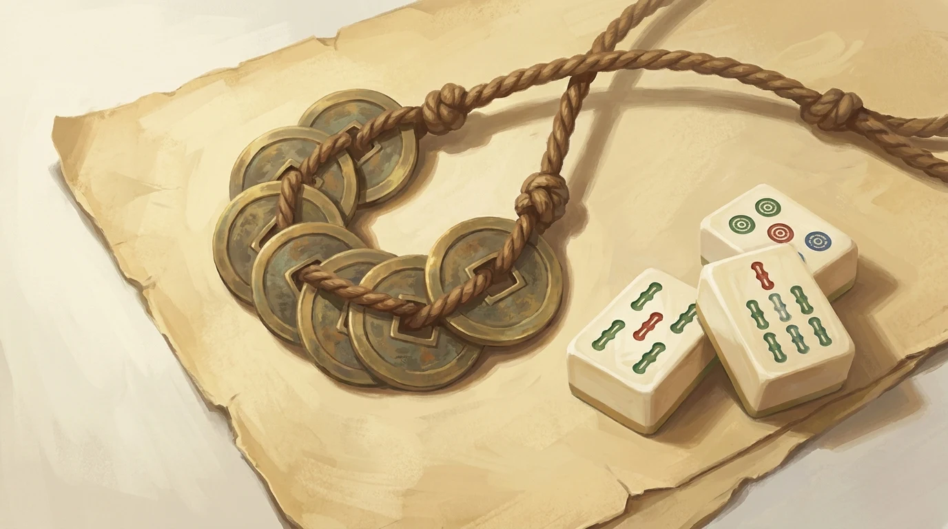 Illustration: a string of old square-holed Chinese coins beside dot and bamboo mahjong tiles on aged paper.