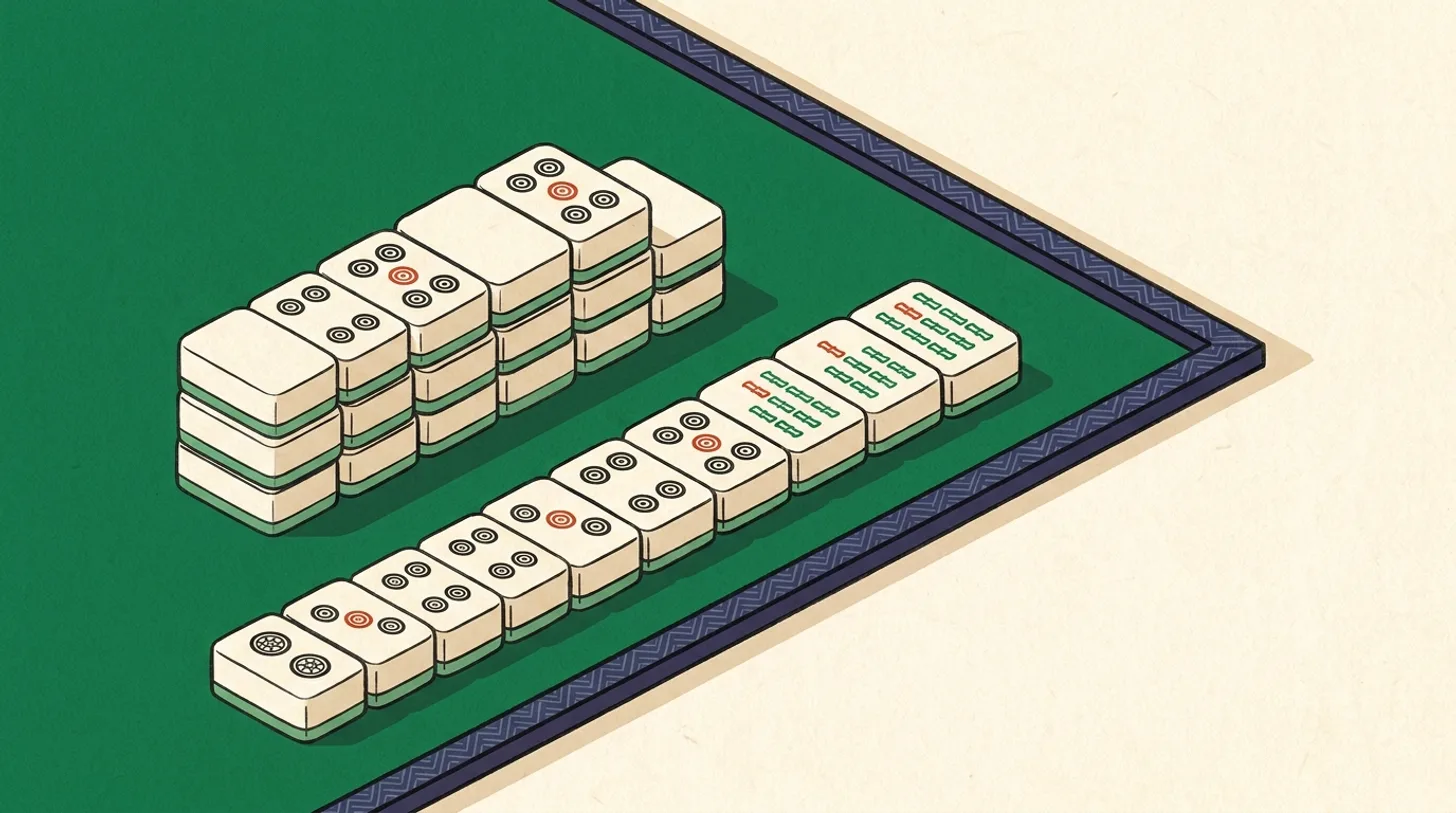 Illustration: mahjong tiles and a partial wall of stacked tiles on a green felt table, in a woodblock and ink style.