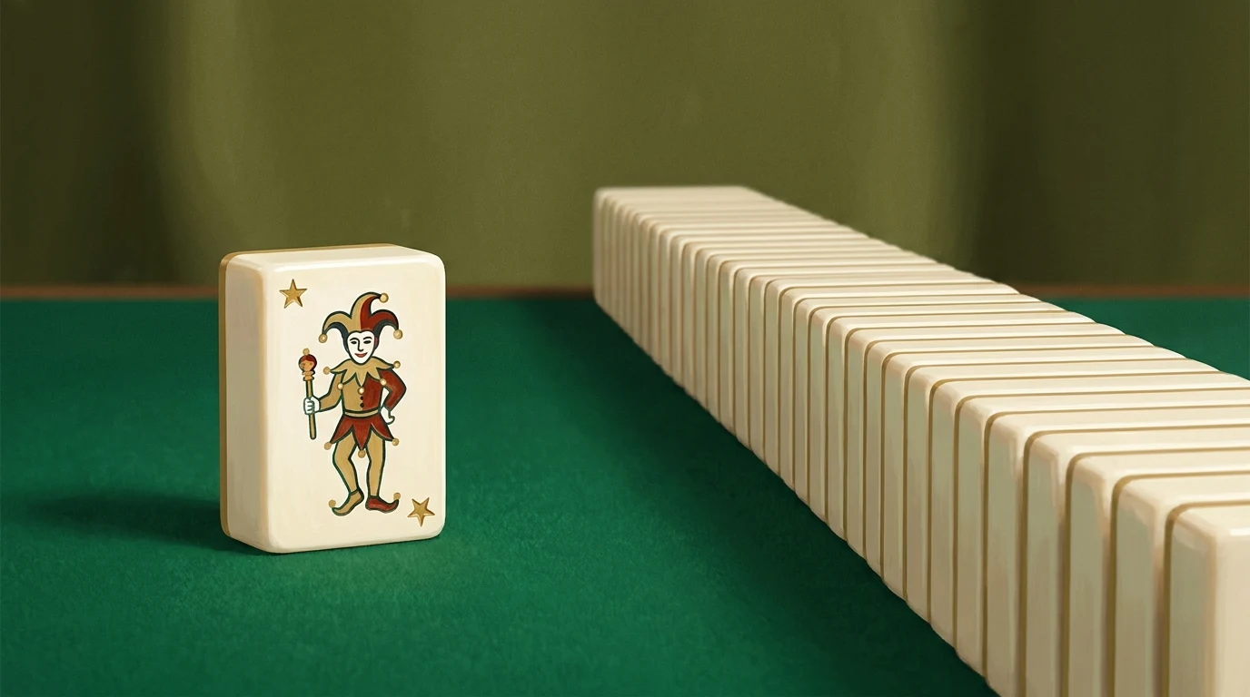 Illustration: a joker tile with a jester figure standing apart from a row of identical tiles.