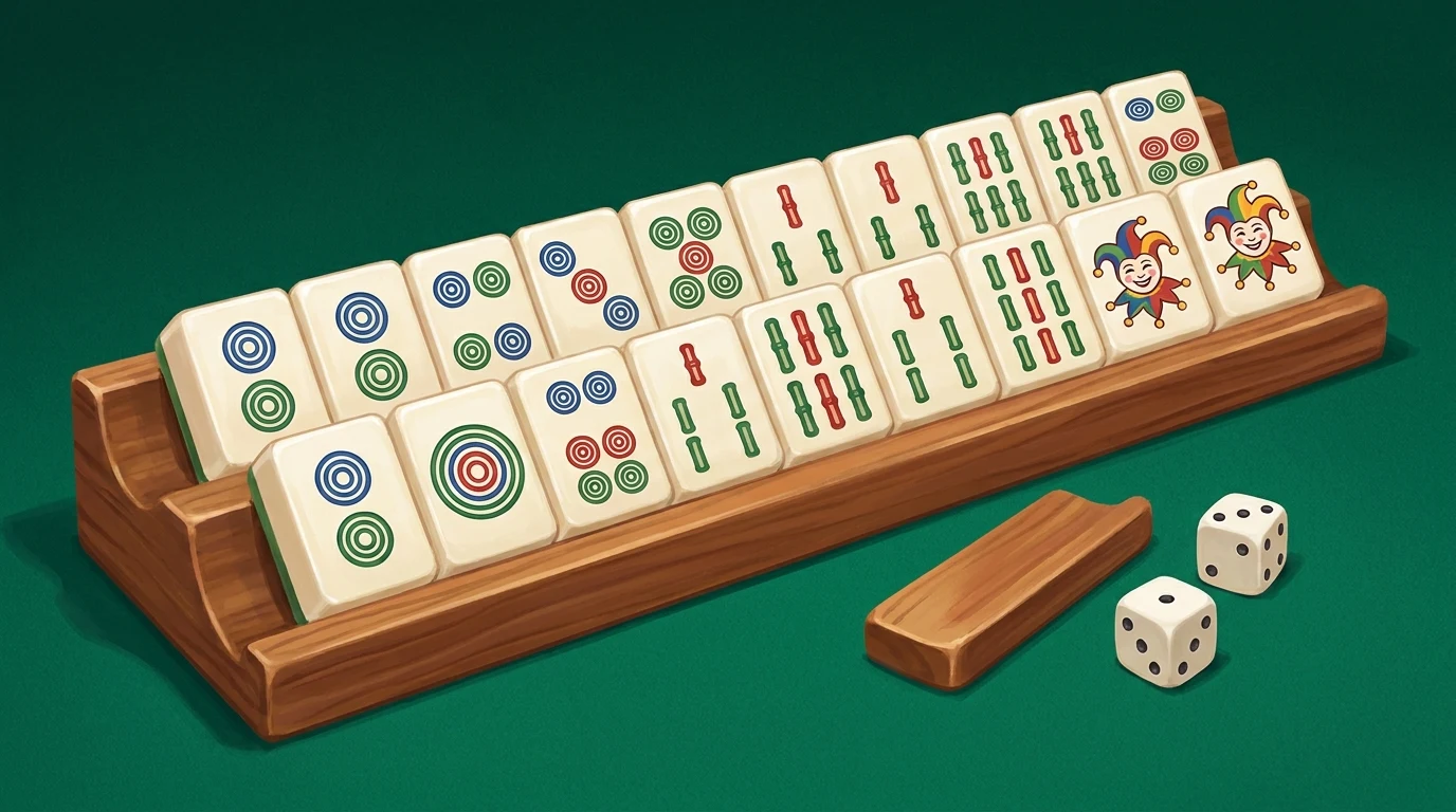 Illustration: a rack of American mahjong tiles - dots, bamboo, and two jokers - with a pusher and dice on green felt.