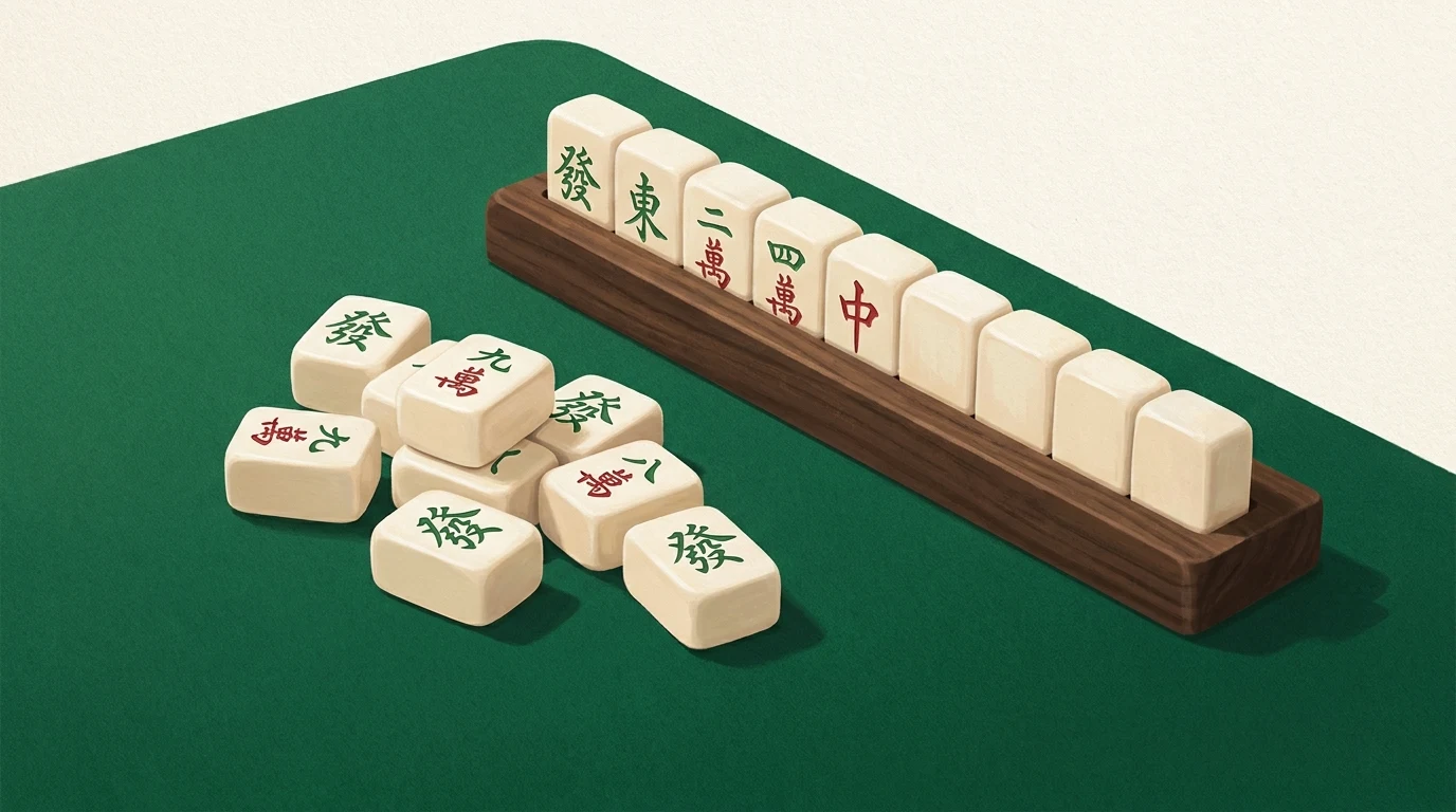 Illustration: mahjong tiles on a wooden rack with a few tiles resting on green felt.