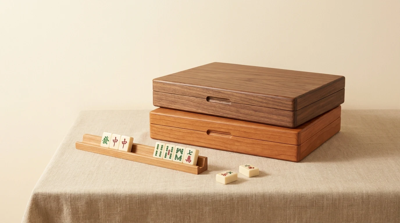 Illustration: an open mahjong case with tiles on racks and a carrying bag, on linen.